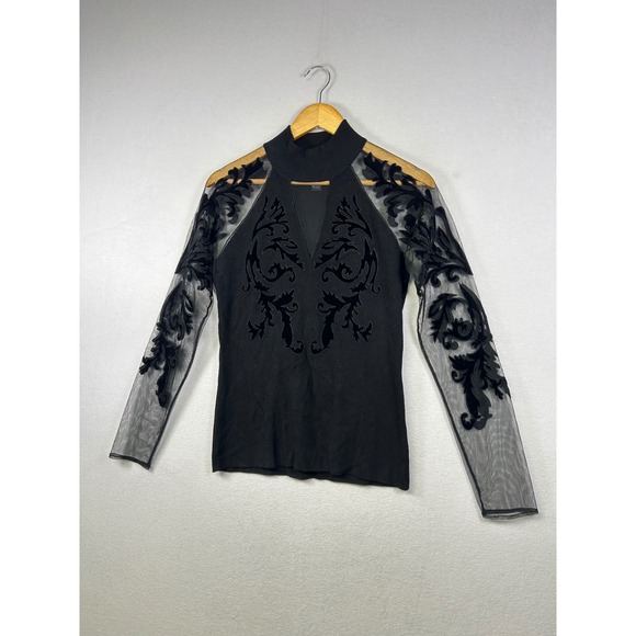 INC International Concepts Black Mock Neck Mesh Velvet Burnout Long Sleeve Top M - Picture 4 of 8